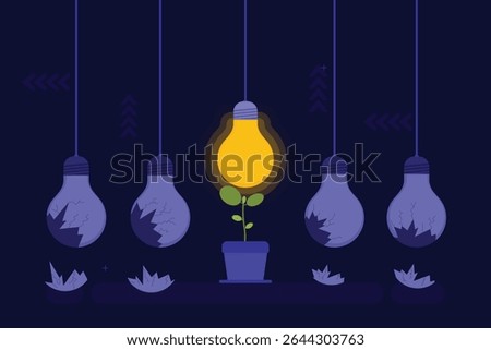 Vector illustration of Five light bulbs hang from above in a dark blue setting. In the center, a yellow bulb emits light, represented as a growing plant with leaves