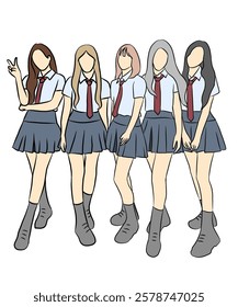 Vector illustration of five members of a kpop idol girl group. K-pop female fashion idols with school concept