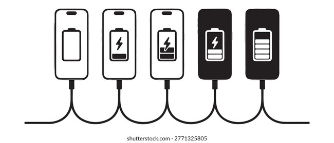 Vector illustration of five mobile phones linked to power lines displaying charging progress and energy bars.