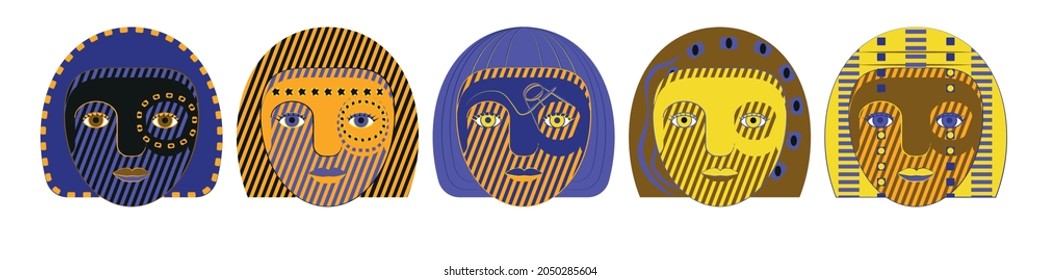 Vector illustration of five multicolored masks in folk style; can be used for decoration, as an avatar or icons