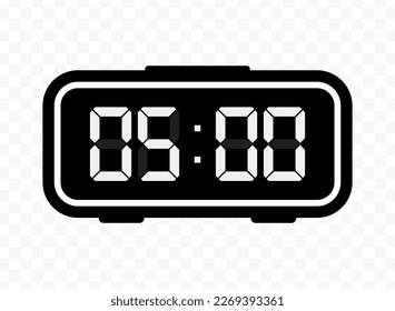 Vector illustration of five o'clock digital clock icon sign and symbol. Black icon for website design .Simple design on transparent background (PNG).