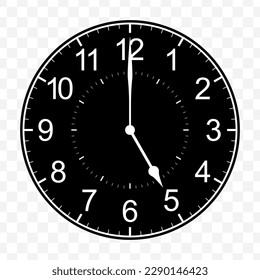 Vector illustration of five o'clock icon sign and symbol. Black icons on transparent background (PNG).