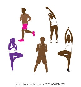 Una Ilustración vectorial de cinco personas en diferentes poses de fitness, mostrando posturas de yoga y atletismo en tonos marrones, azules y rosados sobre un fondo blanco