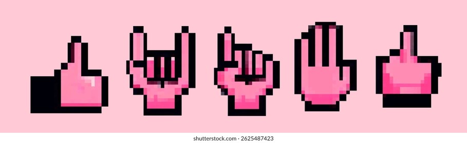 Ilustración vectorial de cinco gestos de la mano del arte del pixel rosado: pulgares para arriba, muestra de la roca, apuntando, palma abierta, y dedo medio. Ideal para diseños retro, digitales o con temática emoji.
