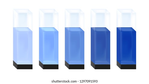 Vector illustration of five quartz glass cuvettes with different concentration of blue substance solution from light to dark. Calibration standard preparation. Standards for the spectroscopy. Isolated