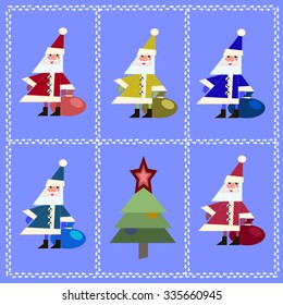 vector illustration Five Santa Clauses and Christmas tree