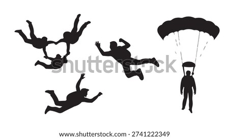 A vector illustration of five skydivers in different poses, including one with a deployed parachute and others in freefall, against a clean white background, evoking a sense of thrill and adventure.