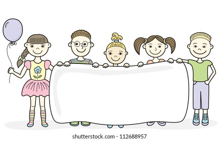 Vector illustration of five smiling kids holding an empty banner in their hands