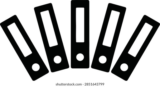 A vector illustration of five standing ring binder folders arranged in a fan shape, representing document organization and filing.