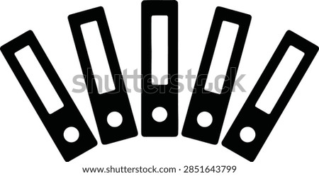 A vector illustration of five standing ring binder folders arranged in a fan shape, representing document organization and filing.