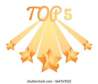 Vector illustration. Five stars 3d on white. Best Rating Gold Star Icon.