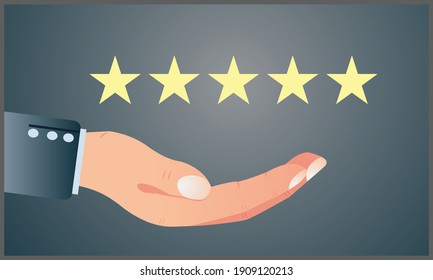 vector illustration of five stars rating quality review best service business hands lifting star internet marketing concept