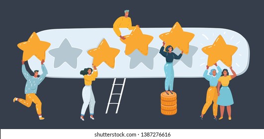 Vector illustration of Five stars rating.Tiny people are holding big giant stars over the heads. Feedback consumer or customer review evaluation, satisfaction level. Human character on dark.