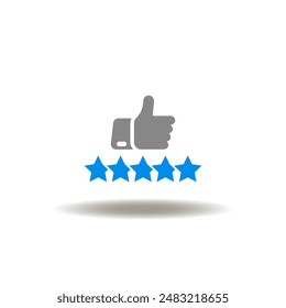 Vector illustration of five stars and thumb up sign. Icon of feedback, client satisfaction. Symbol of NPS Net Promoter Score.
