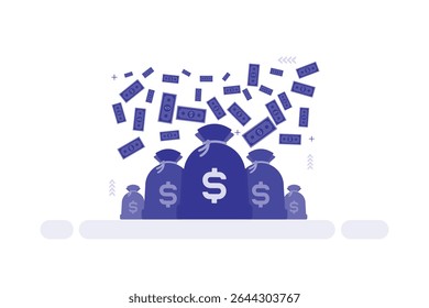Vector illustration of Five stylized blue money bags feature large white dollar symbols. Currency notes are depicted flying above the bags, reinforcing a theme of wealth