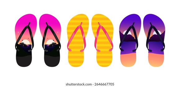 Vector illustration of five summer flip flops with vibrant tropical beach scenery, sunset silhouettes, and modern colorful gradients. Perfect for vacation, travel, and beach-themed design