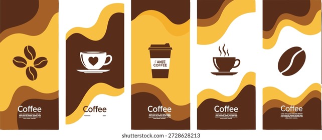 Ilustración vectorial de cinco Anuncios de Vertical con temática cafetera con Formas abstractas, tonos cálidos y cómodos íconos de bebidas