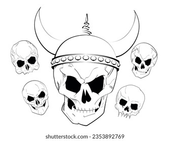 vector illustration of five viking skulls isolated on white 