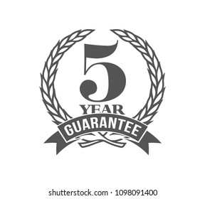 Vector illustration Five Years Warranty icon background with ribbon and olive branch isolated on white. Poster, label, badge or brochure template. Banner with Logo 5 years guarantee Label obligations