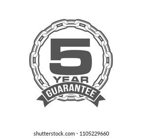 Vector illustration Five Years Warranty icon background with ribbon and anchor chain isolated on white. Poster, label, badge or brochure template. Banner with Logo 5 years guarantee Label obligations