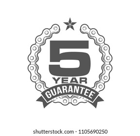 Vector illustration Five Years Warranty icon background with ribbon and moto chain isolated on white. Poster, label, badge or brochure template. Banner with Logo 5 years guarantee Label obligations