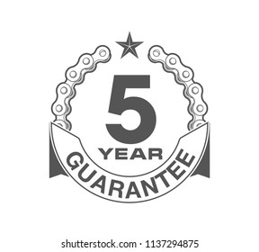 Vector illustration Five Years Warranty icon background with ribbon and moto chain isolated on white. Poster, label, badge or brochure template. Banner with Logo 5 years guarantee Label obligations