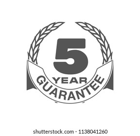 Vector illustration Five Years Warranty icon background with ribbon and olive branch isolated on white. Poster, label, badge or brochure template. Banner with Logo 5 years guarantee Label obligations