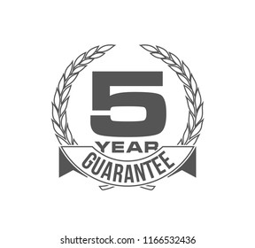 Vector illustration Five Years Warranty icon background with ribbon and olive branch isolated on white. Poster, label, badge or brochure template. Banner with Logo 5 years guarantee Label obligations