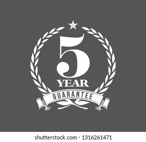 Vector illustration Five Years Warranty icon background with ribbon and olive branch isolated on black. Poster, label, badge or brochure template. Banner with Logo 5 years guarantee Label obligations