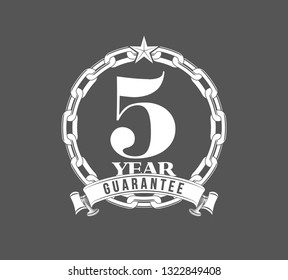 Vector illustration Five Years Warranty icon background with ribbon and anchor chain isolated on black. Poster, label, badge or brochure template. Banner with Logo 5 years guarantee Label obligations