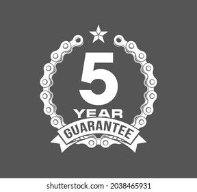 Vector illustration Five Years Warranty icon background with ribbon and moto chain isolated on black. Poster, label, badge or brochure template. Banner with Logo 5 years guarantee Label obligations