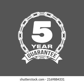 Vector illustration Five Years Warranty icon background with ribbon and anchor chain isolated on black. Poster, label, badge or brochure template. Banner with Logo 5 years guarantee Label obligations