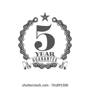 Vector illustration Five Years Warranty icon background with ribbon and moto chain isolated on white. Poster, label, badge or brochure template. Banner with Logo 5 years guarantee Label obligations