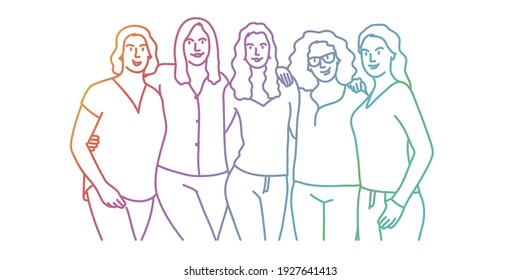 La ilustración vectorial de cinco niñas se está abriendo. Línea coloreada.