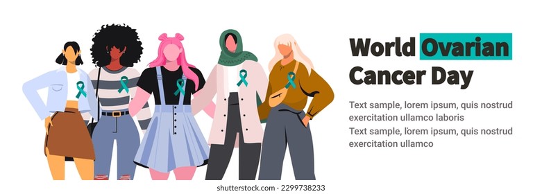 Vector illustration of five young modern diverse women standing together in an embrace with blue green ribbon support  symbol on chest. World ovarian cancer awareness day concept.