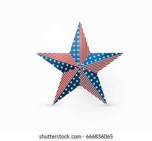 Vector illustration of five-pointed star design with USA flag colors and symbols in realistic style. Using for national american holidays decoration