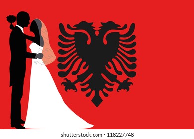 Vector illustration of the flag of Albania with a bride and groom coloured silhouette