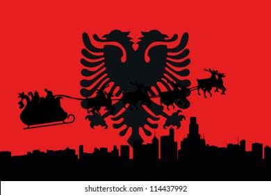 Vector Illustration of the flag of Albania with santa flying his sliegh over a city