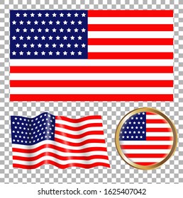 Vector illustration of the flag of America. Set of America flag options. Isolated objects.