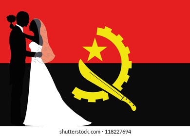 Vector illustration of the flag of Angola with a bride and groom coloured silhouette