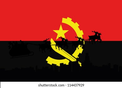 Vector Illustration of the flag of Angola with santa flying his sliegh over a city