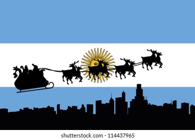 Vector Illustration of the flag of Argentina with santa flying his sliegh over a city