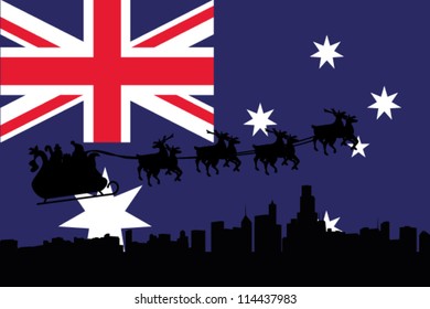 Vector Illustration of the flag of Australia with santa flying his sliegh over a city