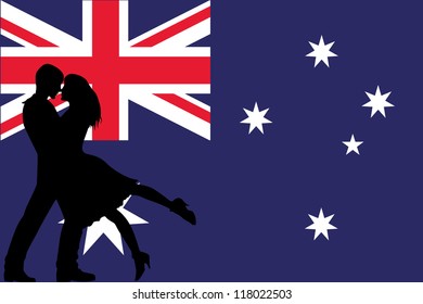 Vector illustration of the flag of Australia silhouette of a couple in love