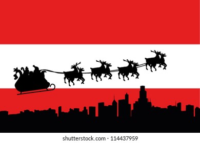 Vector Illustration of the flag of Austria with santa flying his sliegh over a city