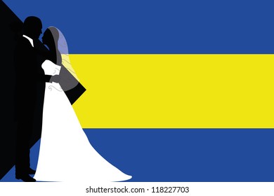 Vector illustration of the flag of Bahamas with a bride and groom coloured silhouette