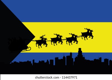 Vector Illustration of the flag of Bahamas with santa flying his sliegh over a city