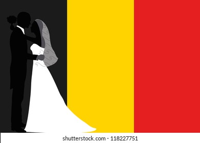 Vector illustration of the flag of Belgium with a bride and groom coloured silhouette