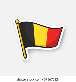 Vector illustration. Flag of Belgium on flagstaff. Location symbol for travelers. Cartoon sticker with contour. Decoration for greeting cards, posters, patches, prints for clothes, emblems