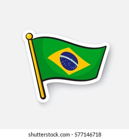 Vector illustration. Flag of Brazil on flagstaff. Location symbol for travelers. Cartoon sticker with contour. Decoration for greeting cards, posters, patches, prints for clothes, emblems